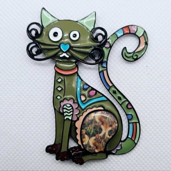 Jewelry - Adorable artistic large cat vintage style brooch